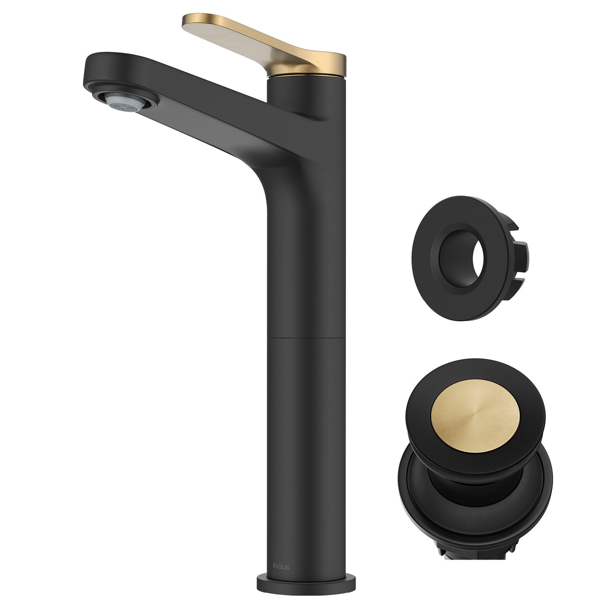 KRAUS Indy Single Handle Vessel Bathroom Faucet in Matte Black with Brushed Brass