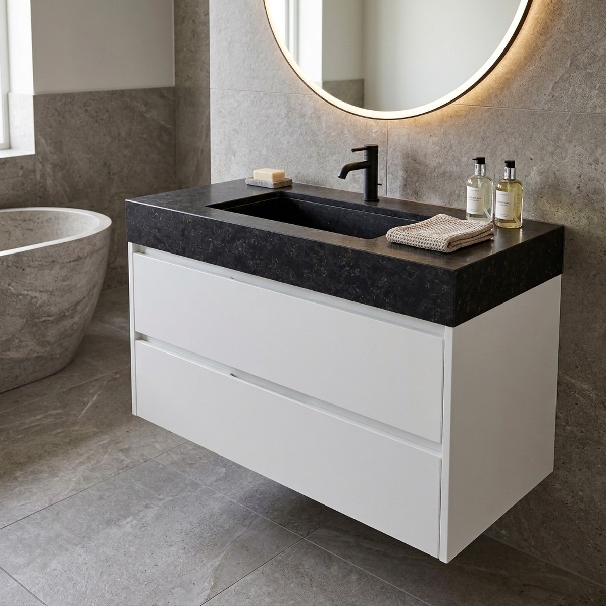 Miami 2 Drawers Bathroom Vanity with Belgian Blue Single Integrated Vanity Sink - Wall Mount - 32 Particle Board LaminatedMatt White