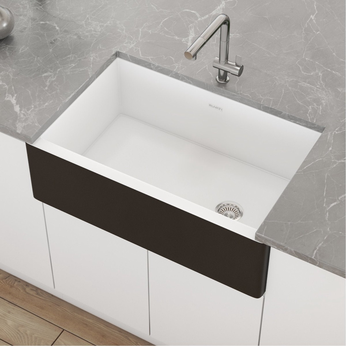 Ruvati 30 White Fireclay Farmhouse Offset Drain Single Bowl Kitchen Sink with Matte Black Apron