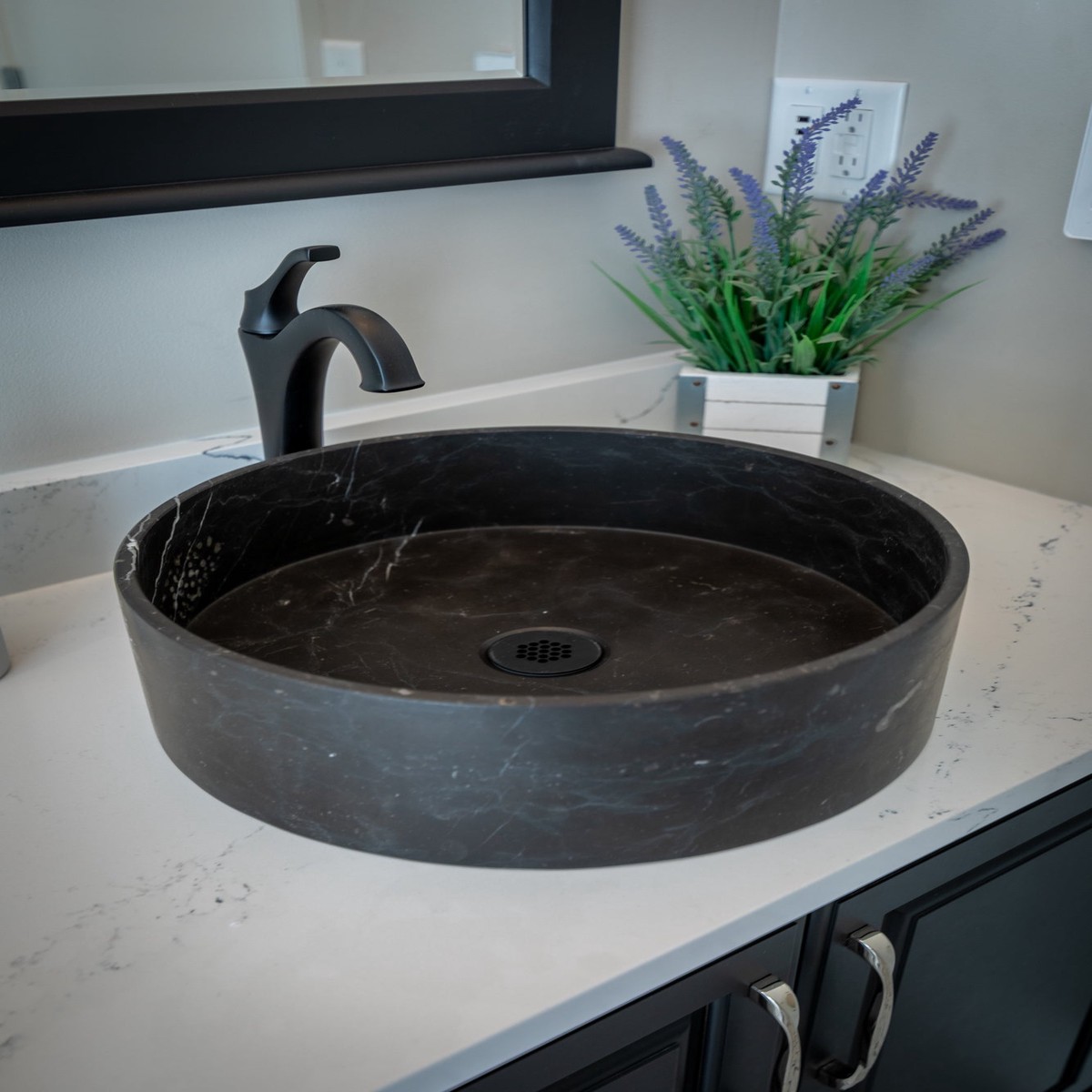 Thin Lip Round Nero Marquino Marble Column Vessel Sink