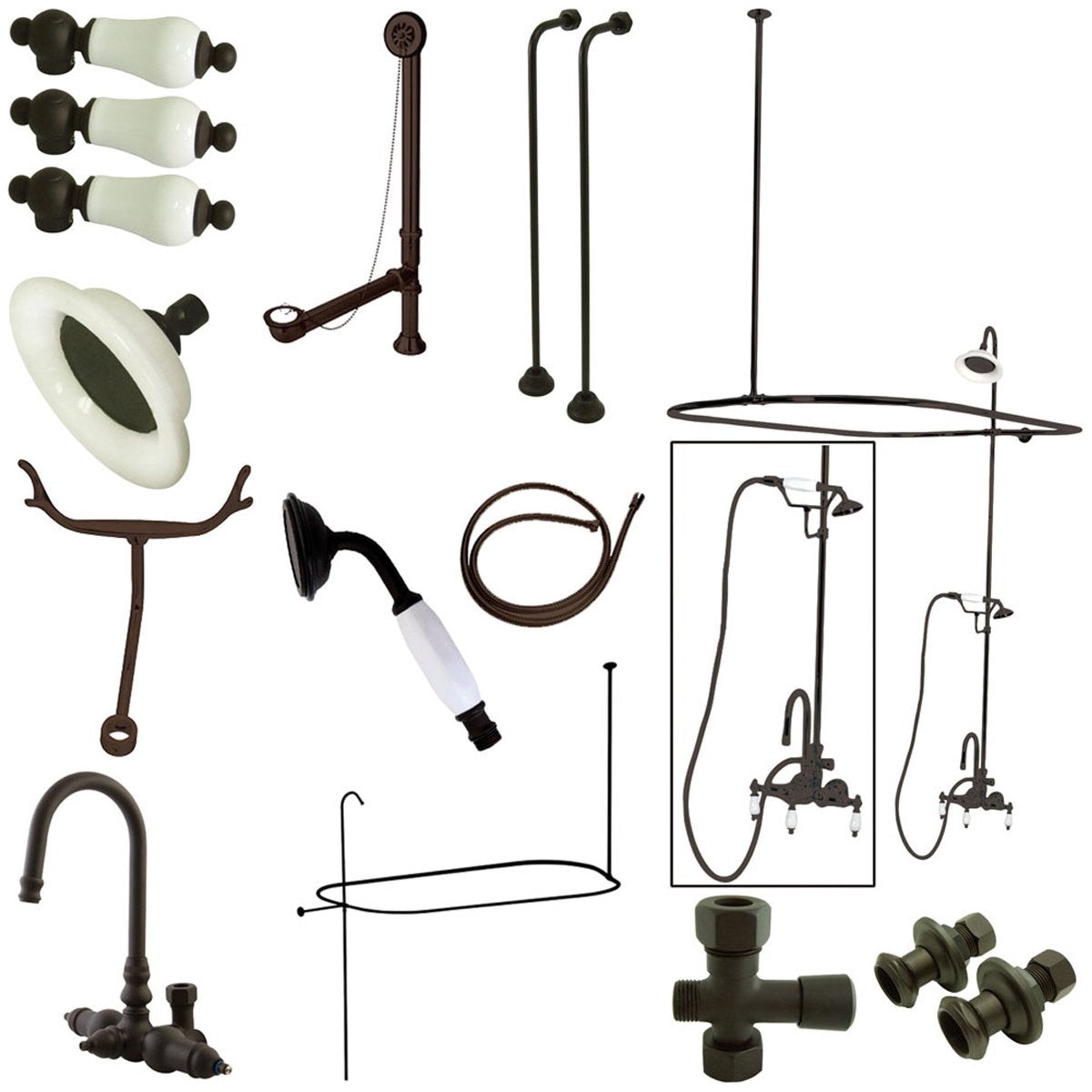 Kingston Brass Vintage High Rise Gooseneck Clawfoot Tub and Shower Package with Porcelain Lever Handles