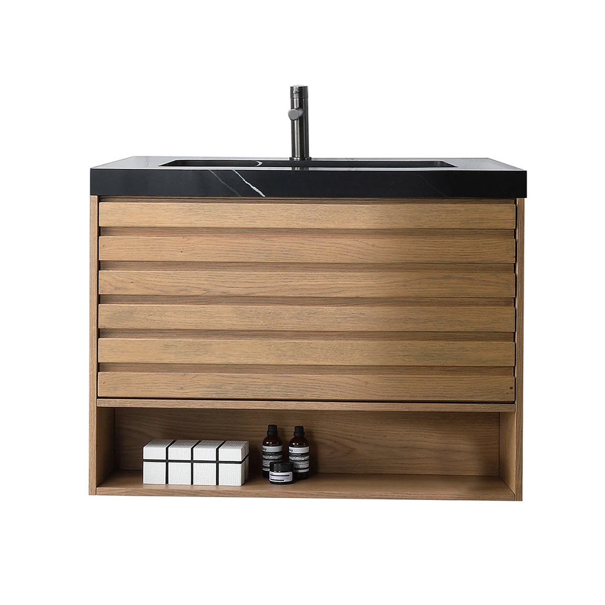 Matera 1 Drawer 1 Open Shelf Bathroom Vanity with Black Quartz Sink - Wall Mount - 36 WoodPecan Oak