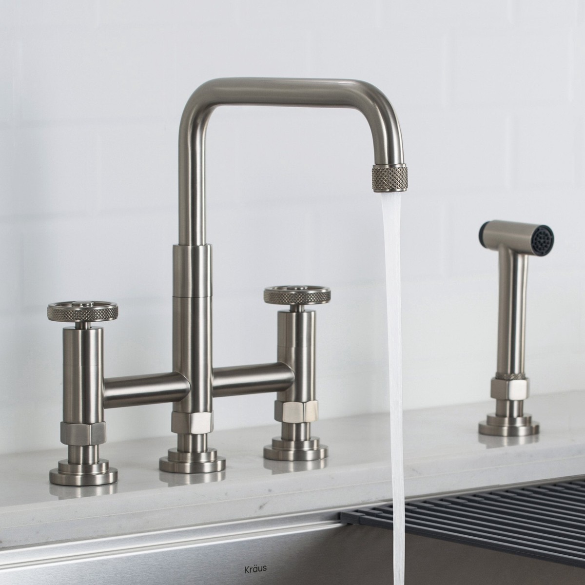 KRAUS Urbix Bridge Kitchen Faucet with Side Sprayer in Spot Free Stainless Steel