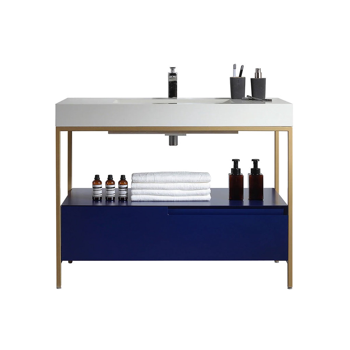 Texel 1 Drawer And 1 Open Shelf Bathroom Vanity with Quartz Sink - Floor Mount - 42 WoodMetalNavy BlueGold