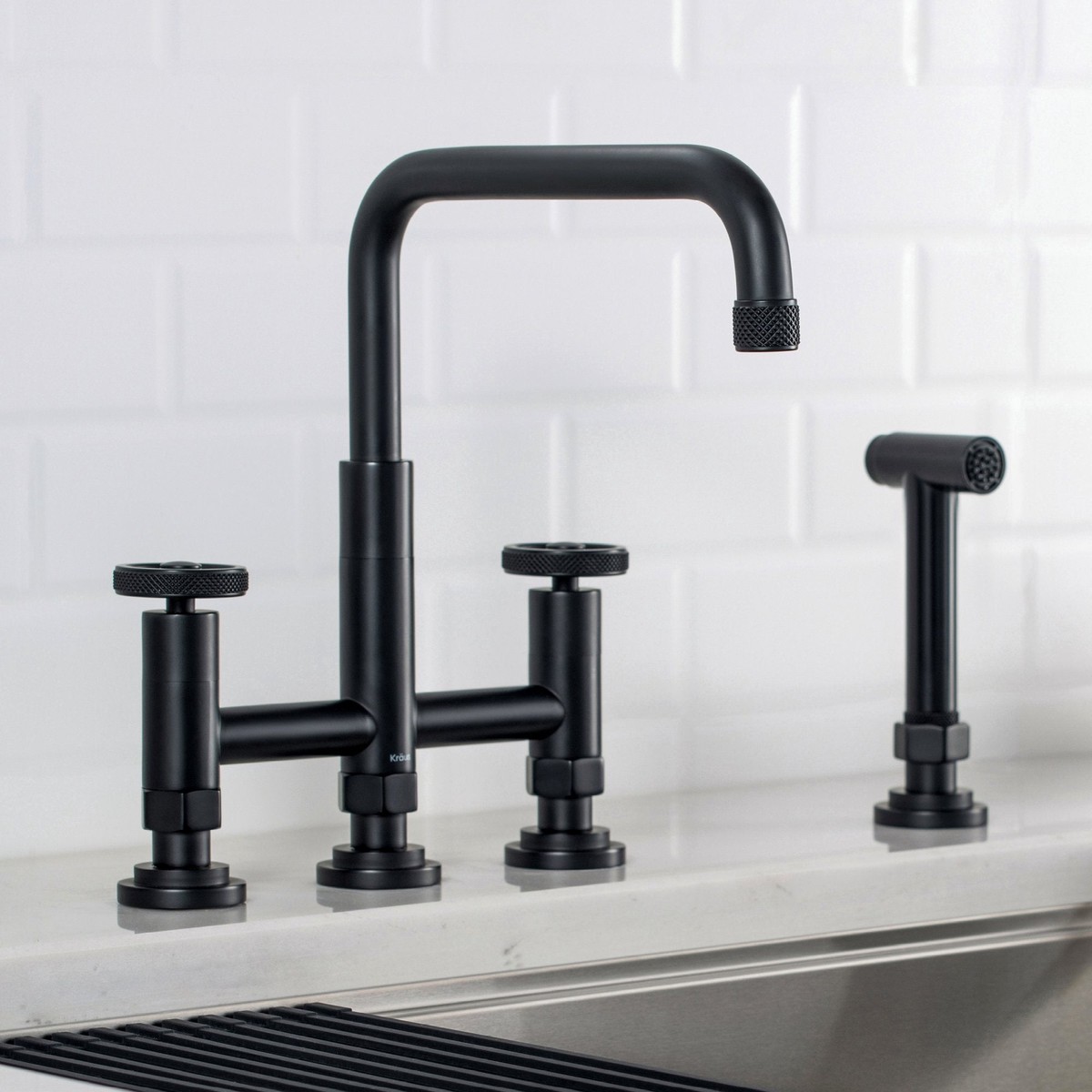 KRAUS Urbix Bridge Kitchen Faucet with Side Sprayer in Matte Black