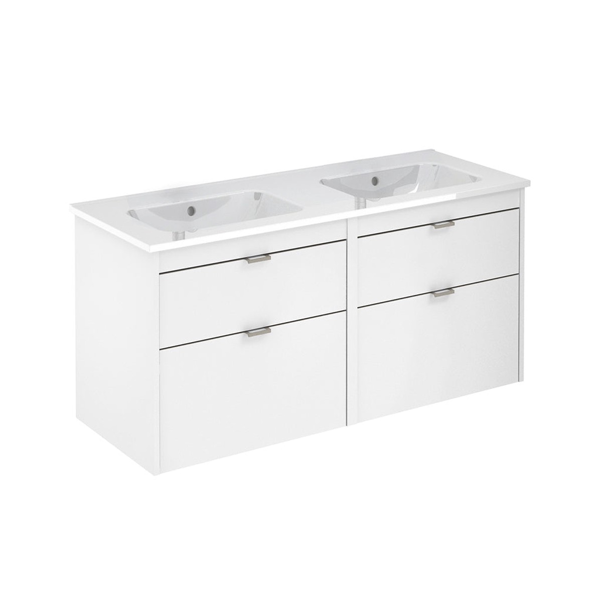 Logika 4 Drawers Bathroom Vanity with Ceramic Double Sink - Wall Mount - 48 MdfMatt WhiteInox