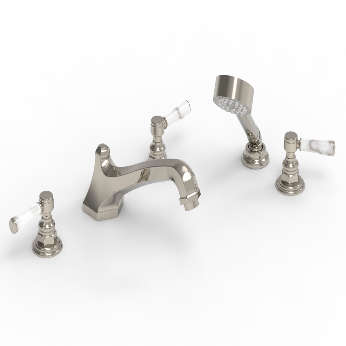 HEX TRADITIONAL Deck Tub Set with Hand Shower - White Marble Lever Handles 500-50