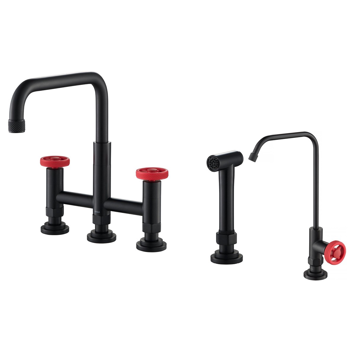 KRAUS Urbix Industrial Bridge Kitchen Faucet Water Filter Faucet in Matte BlackRed