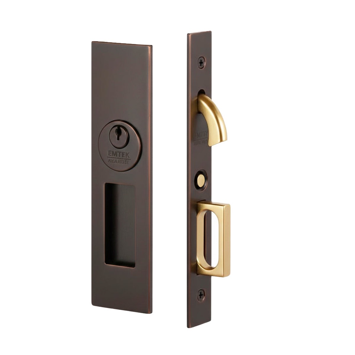 Narrow Modern Rectangular Mortise Keyed Pocket Door Lockset - Door Mount - 8 BrassOil Rubbed Bronze
