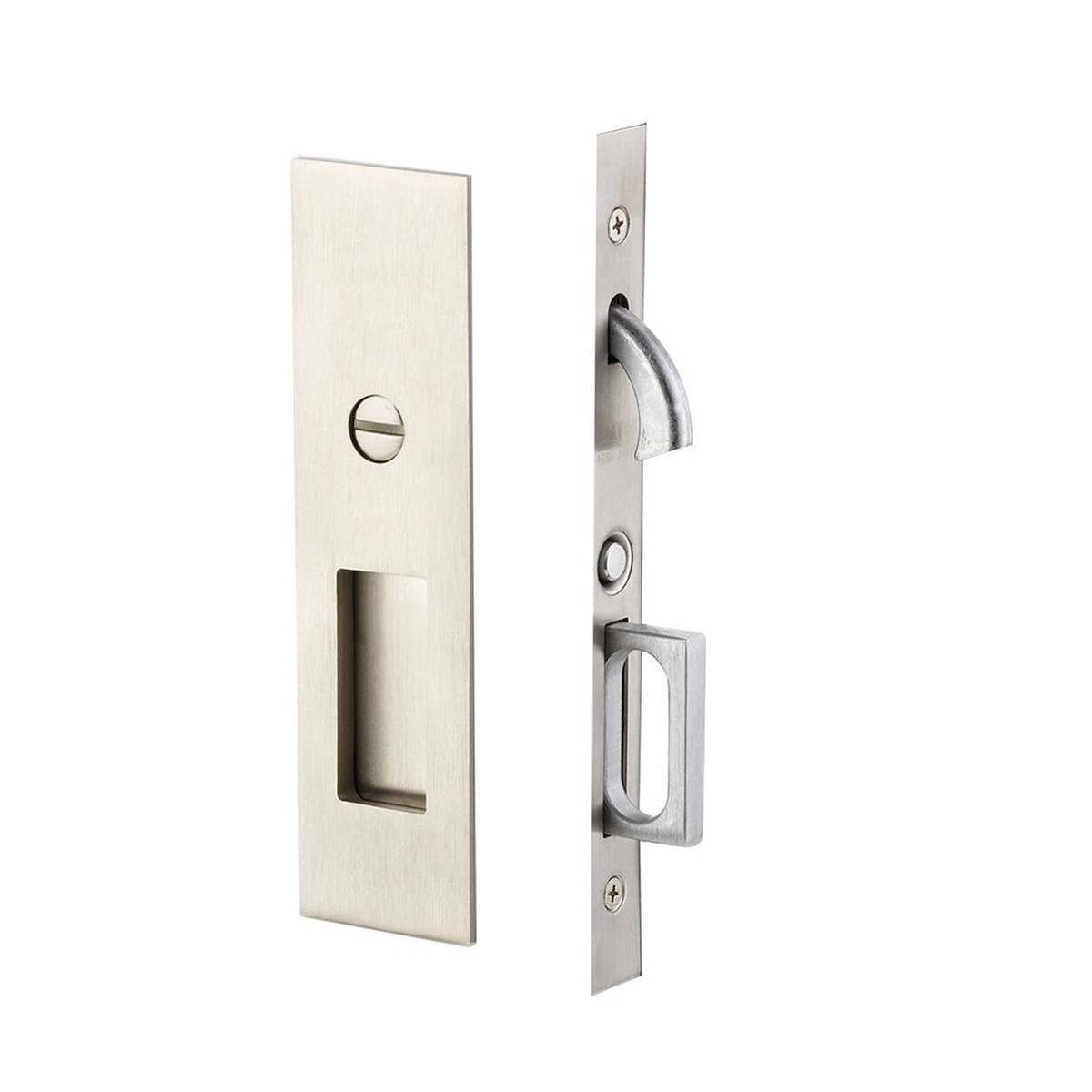 Narrow Modern Rectangular Mortise Privacy Pocket Door Lockset - Door Mount - 8 BrassSatin Nickel