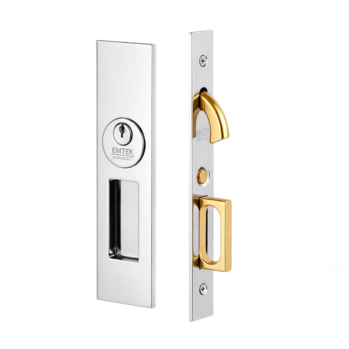 Narrow Modern Rectangular Mortise Keyed Pocket Door Lockset - Door Mount - 8 BrassPolished Chrome