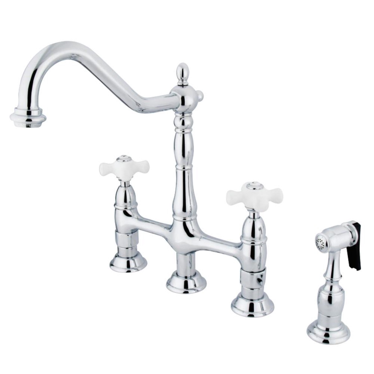 Kingston Brass Heritage Deck Mount 8 Bridge Kitchen Faucet with Brass Sprayer