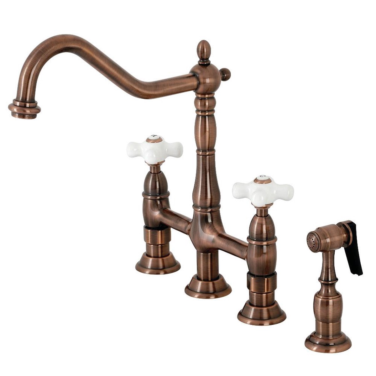 Kingston Brass KS127PXBSAC Heritage Bridge Kitchen Faucet with Brass Sprayer Antique Copper
