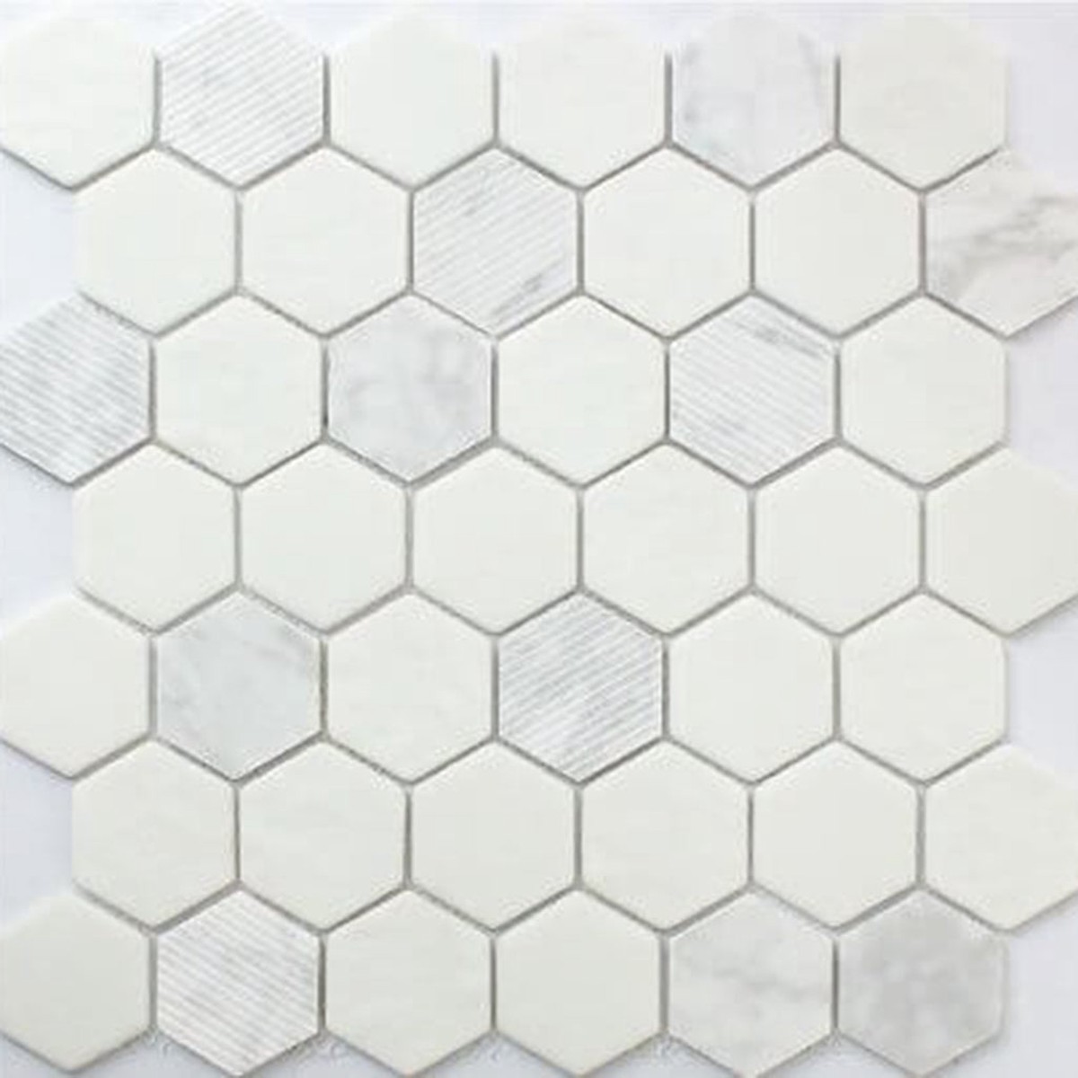 Rockart Carrara Hexagon Mosaic Wall Tile - Wall Or Floor Mount - 12 x 12 Carrara MarblePolished Steel 1900 Price Per Piece
