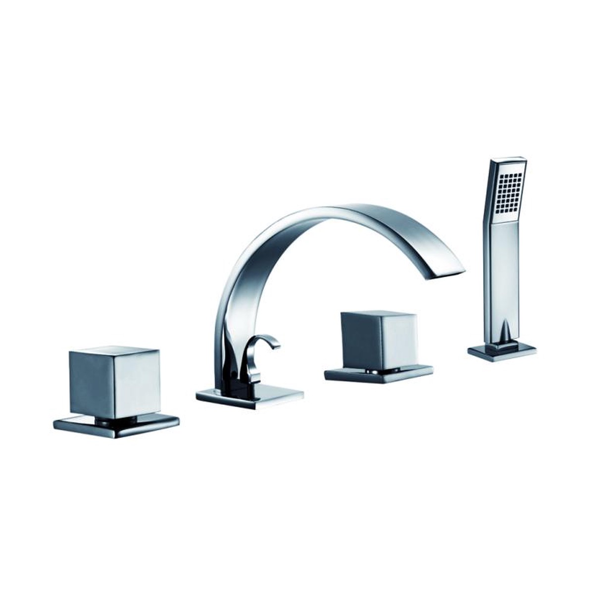 Dawn 4-Hole Tub Filler with Personal Handshower Square Handles and Sheetflow Spout
