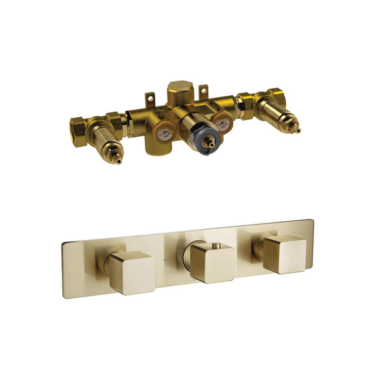 Serie 196 2 Way Horizontal Thermostatic Shower Mixer with 2 Volume Controls - Wall Mount - 14 BrassSatin Brass