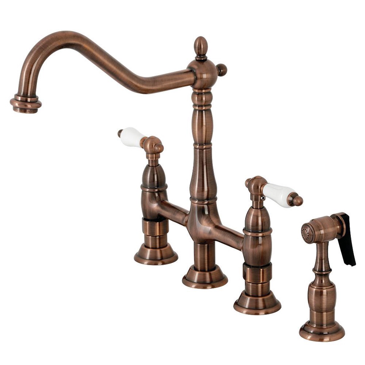 Kingston Brass KS127PLBSAC Heritage Bridge Kitchen Faucet with Brass Sprayer Antique Copper