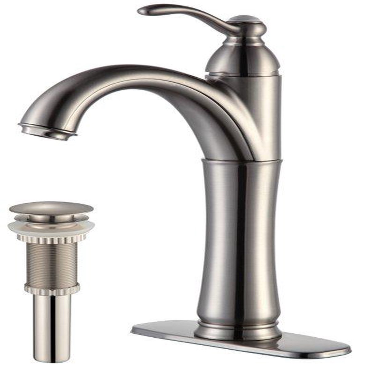 KRAUS Riviera Single Lever Vessel Bathroom Faucet with Matching Pop Up Drain in Satin Nickel