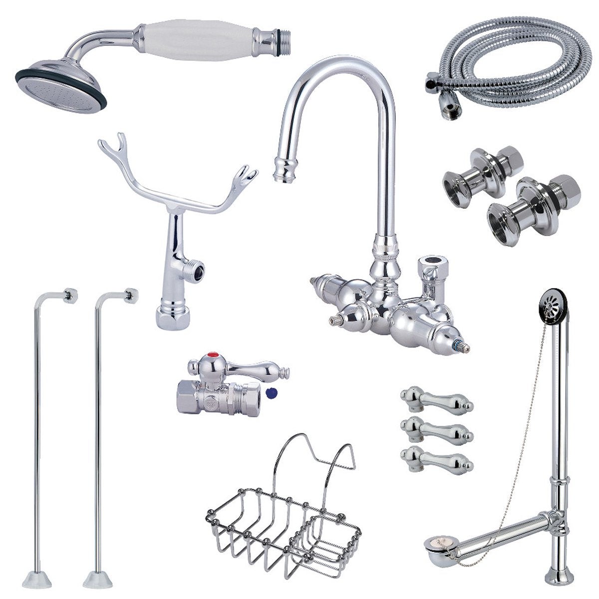Kingston Brass Wall Mount Clawfoot Tub Faucet Package with Supply Line in Polished Chrome