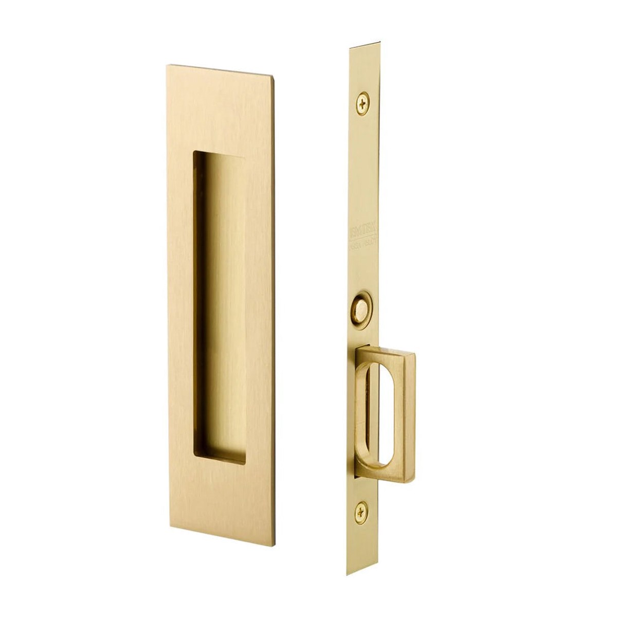 Narrow Modern Rectangular Mortise Passage Pocket Door Lockset - Door Mount - 8 BrassSatin Brass