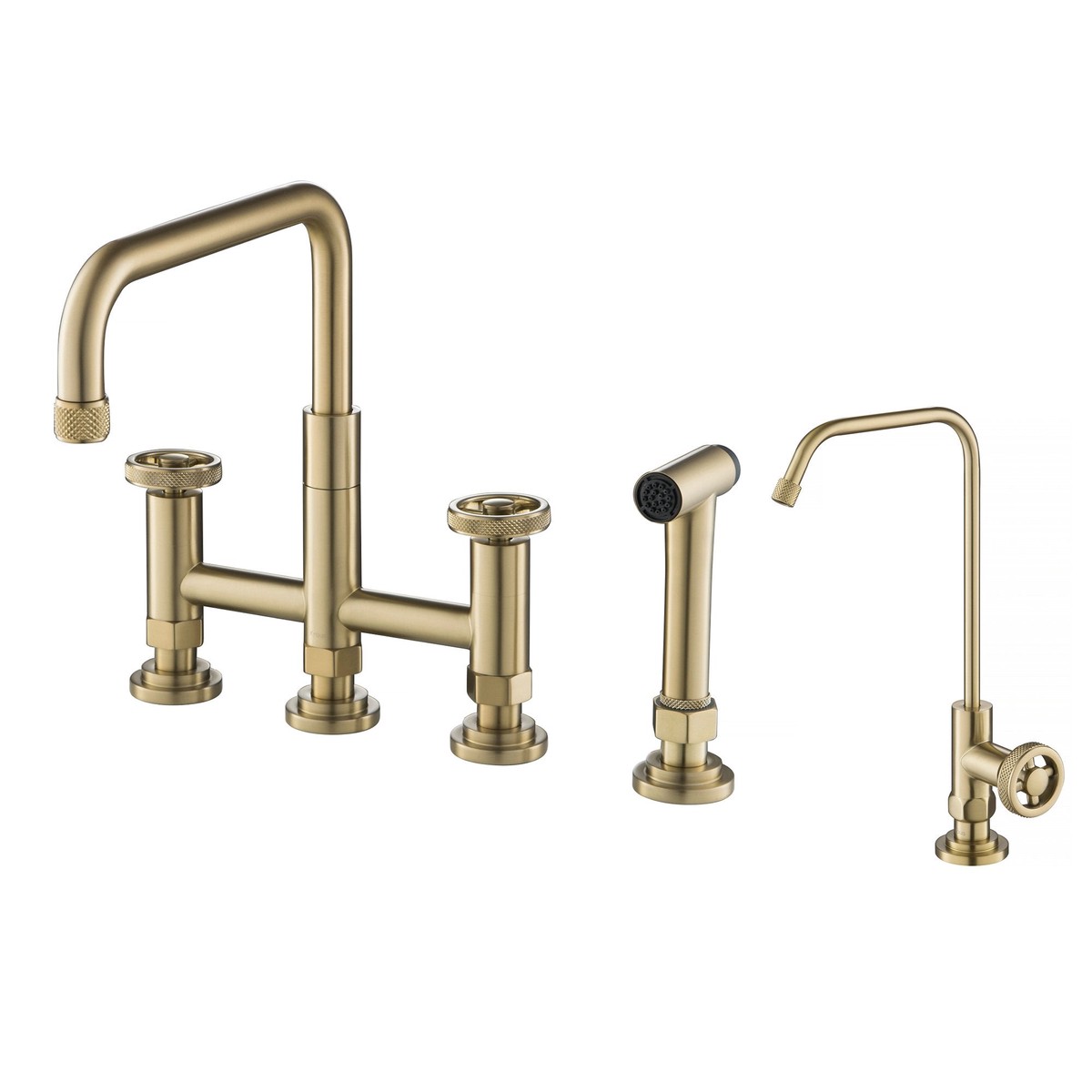 KRAUS Urbix Industrial Bridge Kitchen Faucet Water Filter Faucet in Brushed Gold