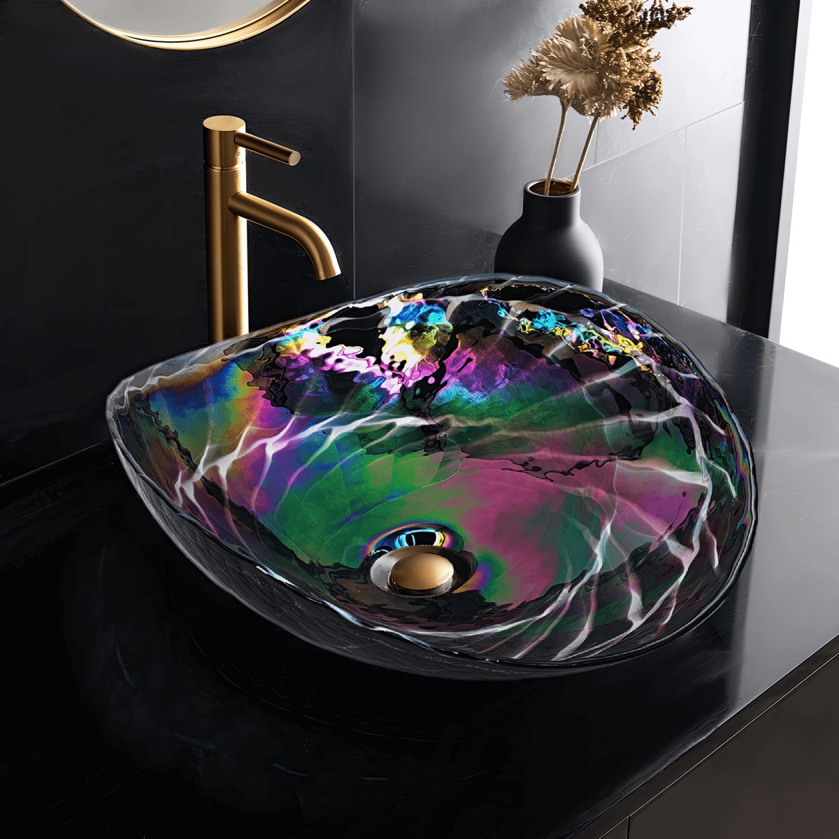 Ruvati 19 Glass Art Vessel Seashell Decorative Pattern Bathroom Sink - Cosmic Black