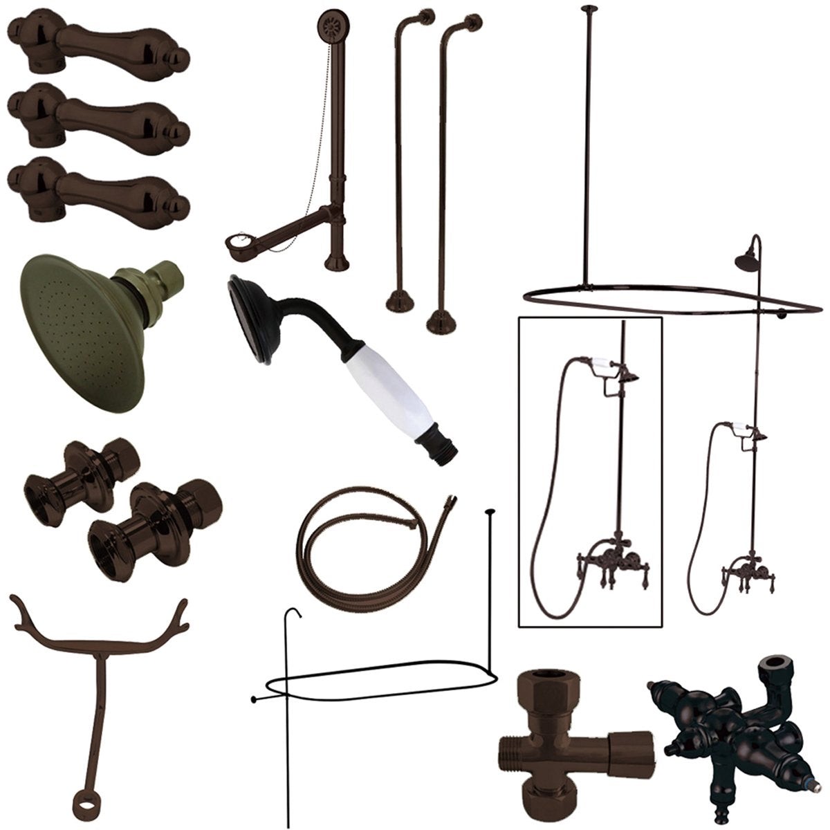 Kingston Brass Vintage Wall Mount Down Spout Clawfoot Tub and Shower Package with Porcelain Lever Handles in Oil Rubbed Bronze
