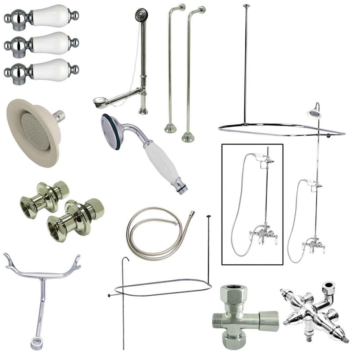 Kingston Brass Vintage Wall Mount Down Spout Clawfoot Tub and Shower Package with Porcelain Lever Handles in Polished Chrome