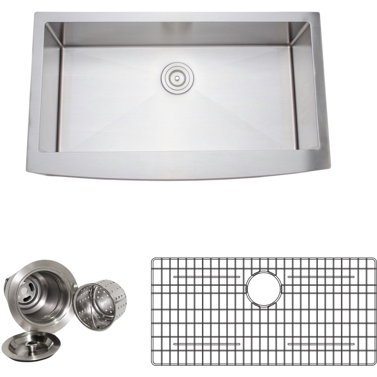 Wells Sinkware Handcrafted 36 16-Gauge Arched Apron Front Farmhouse Single Bowl Stainless Steel Kitchen Sink with Grid Rack and Basket Strainer