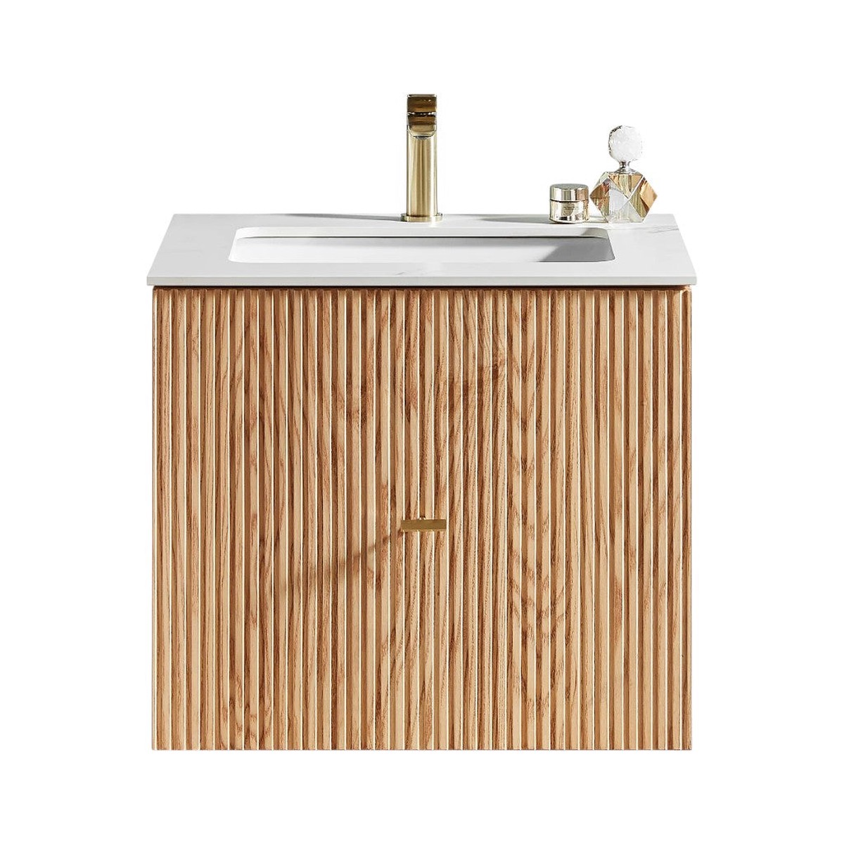 Barcelona 1 Drawer Bathroom Vanity with White Stone Sink - Wall Mount - 24 WoodNatural Oak