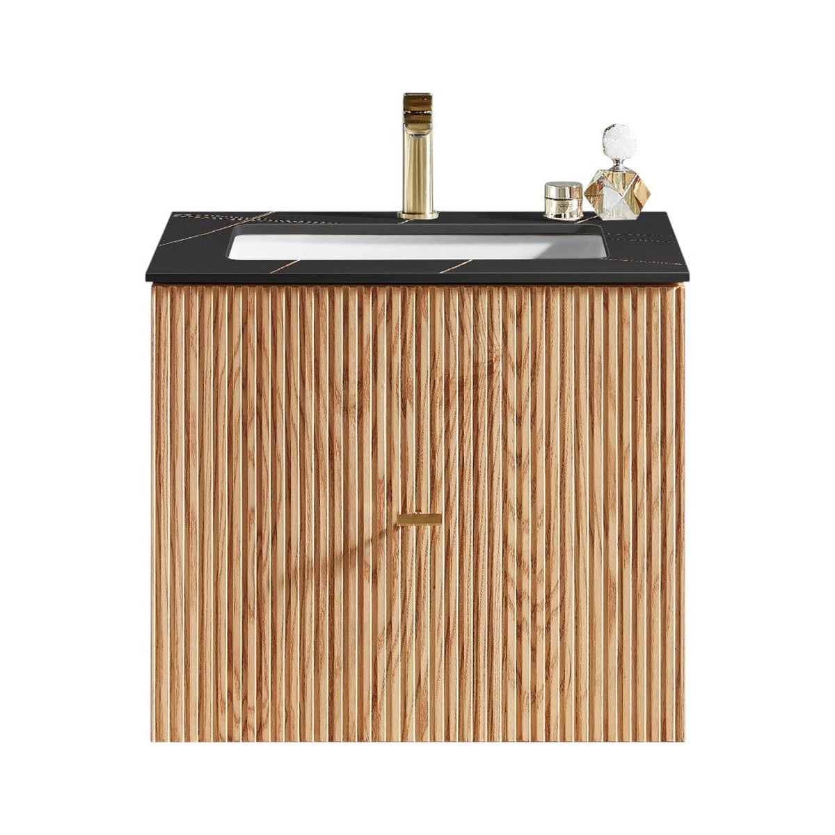 Barcelona 1 Drawer Bathroom Vanity with Black Stone Sink - Wall Mount - 24 WoodNatural Oak
