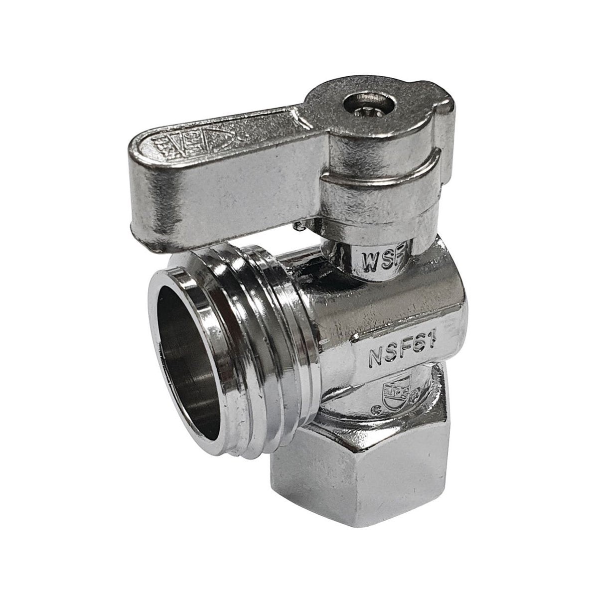 12 FIP x 34 Hose Thread Angle Shut Off Valve in Polished Chrome
