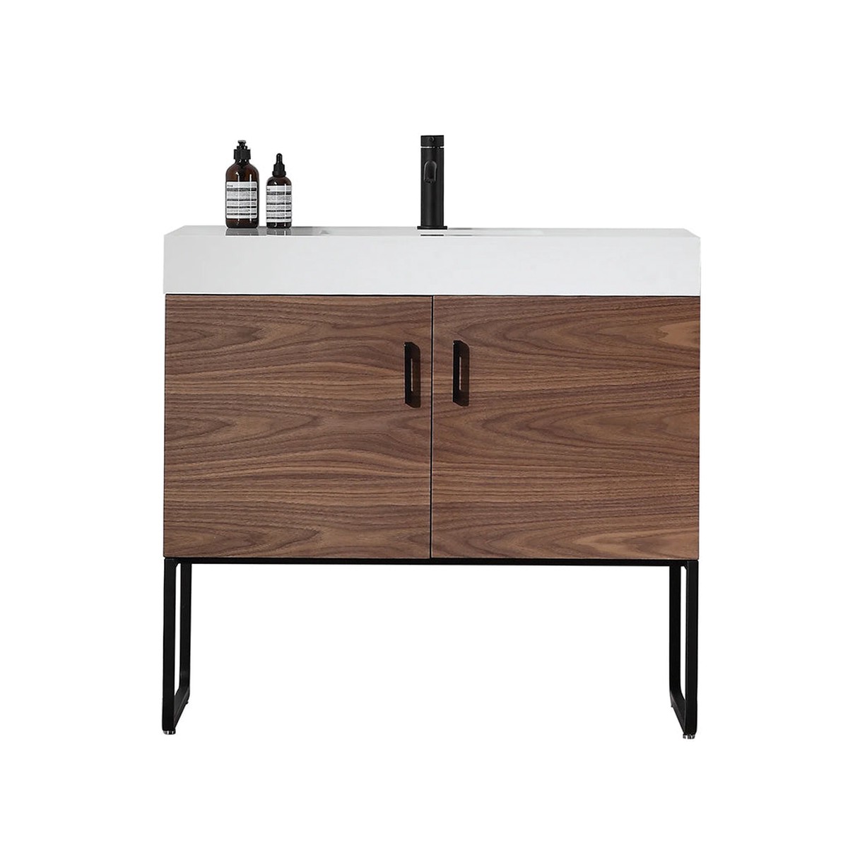 Veemon 2 Doors Bathroom Vanity with Quartz Sink - Floor Mount - 36 WoodMetalWalnutBlack