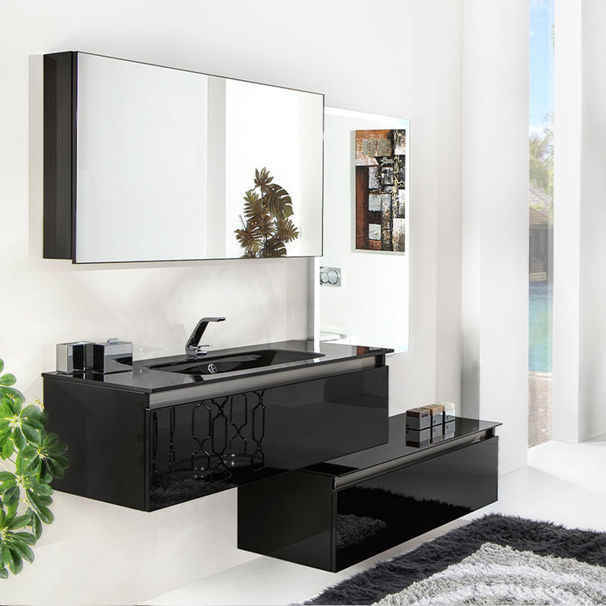 Acqua Slim 1 Drawer Bathroom Vanity with Glass Sink - Wall Mount - 36 GlassBlack Glass