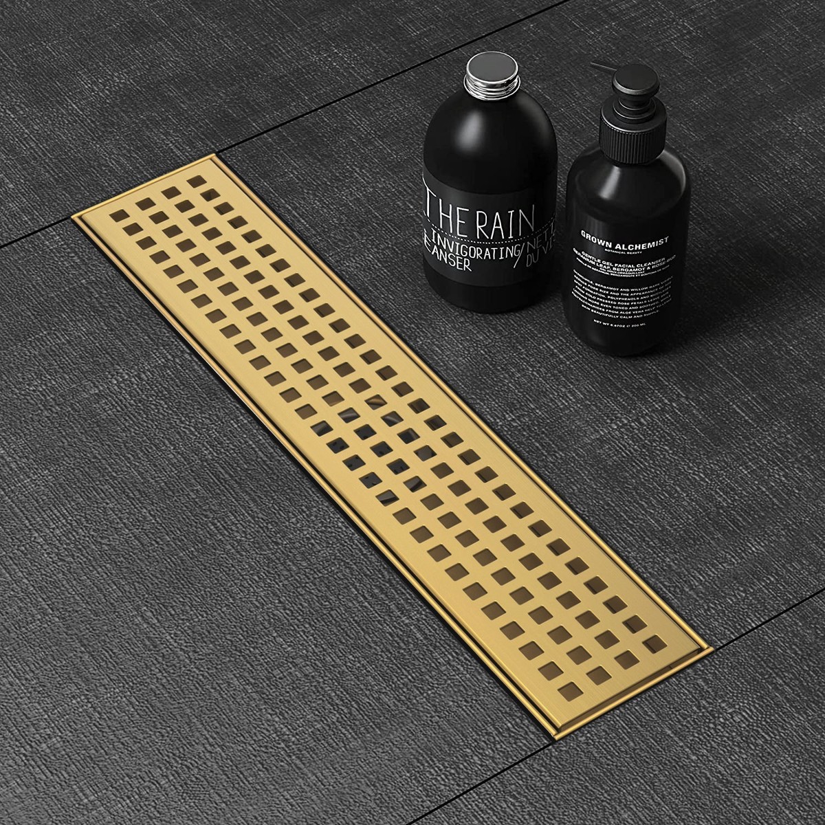 WEBANG 12 Inch Square Hole Pattern Linear Shower Drain With Accessories Brushed Gold