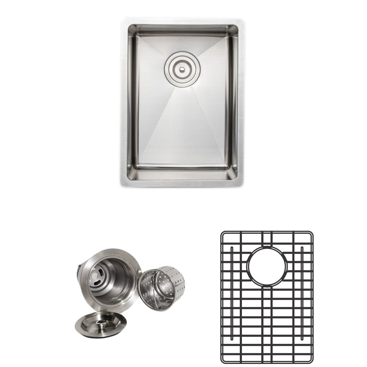 Wells Sinkware Handcrafted 14 16-Gauge Undermount Elongated Stainless Steel Bar Sink with Grid Rack and Basket Strainer