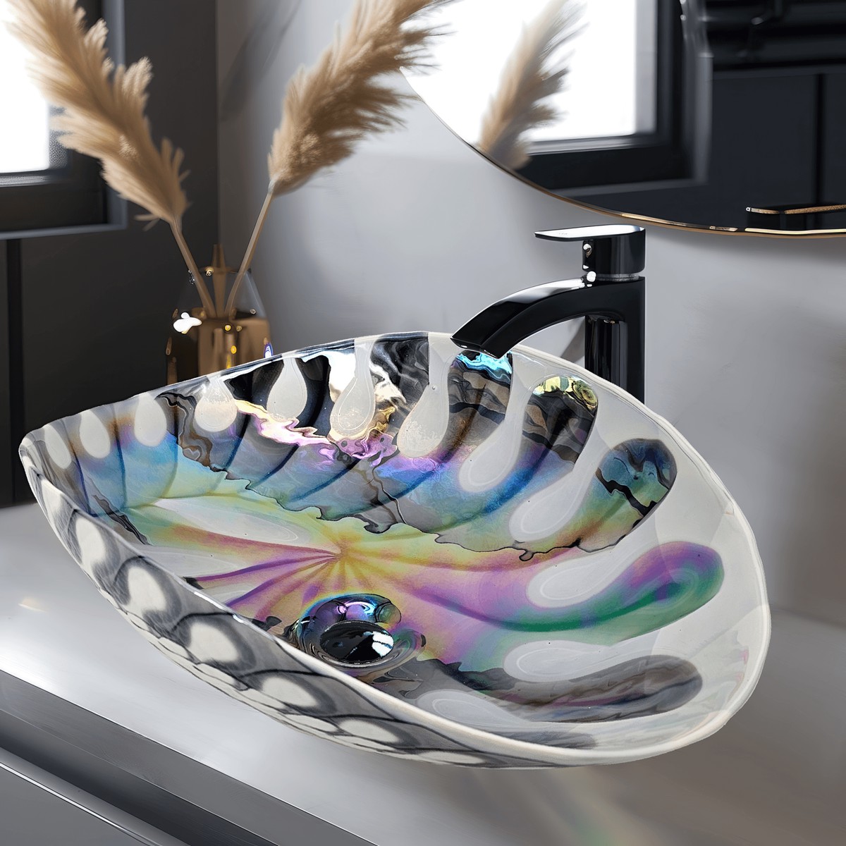 Ruvati 19 Glass Art Vessel Seashell Decorative Pattern Bathroom Sink - Spira Luxe Pearl White
