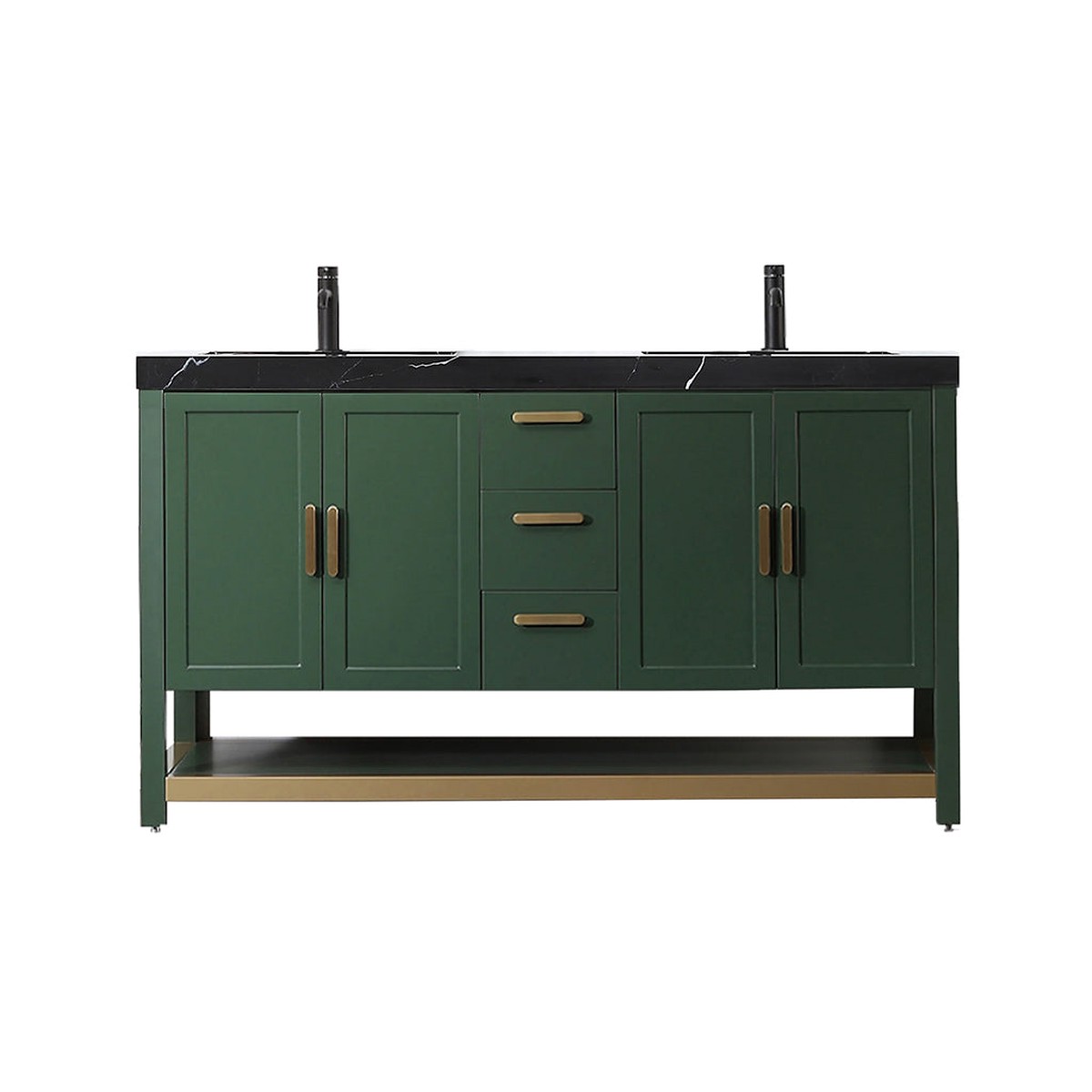 Winchester 3 Drawers And 4 Doors Bathroom Vanity with Black Quartz Sink - Floor Mount - 60 WoodForest Green