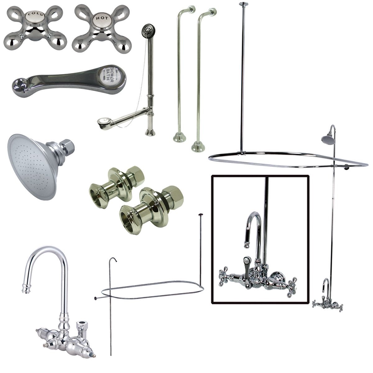 Kingston Brass Vintage Wall Mount High Rise Clawfoot Tub and Shower Package with Porcelain Lever Handles in Polished Chrome