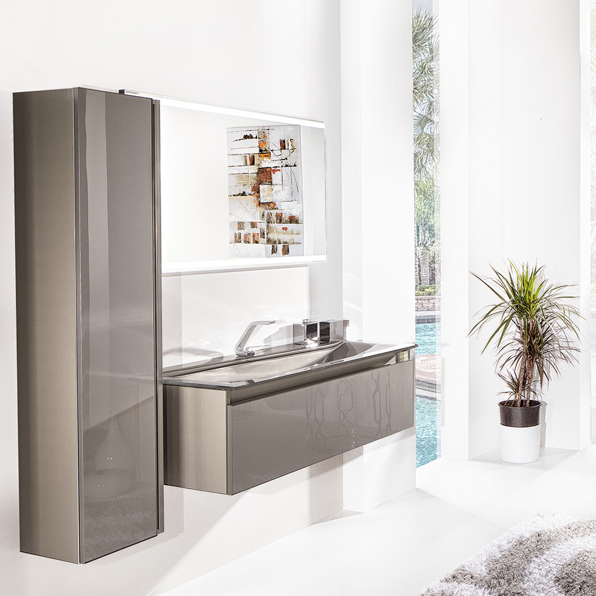 Acqua Slim 1 Drawer Bathroom Vanity with Glass Sink - Wall Mount - 36 GlassVisone Glass