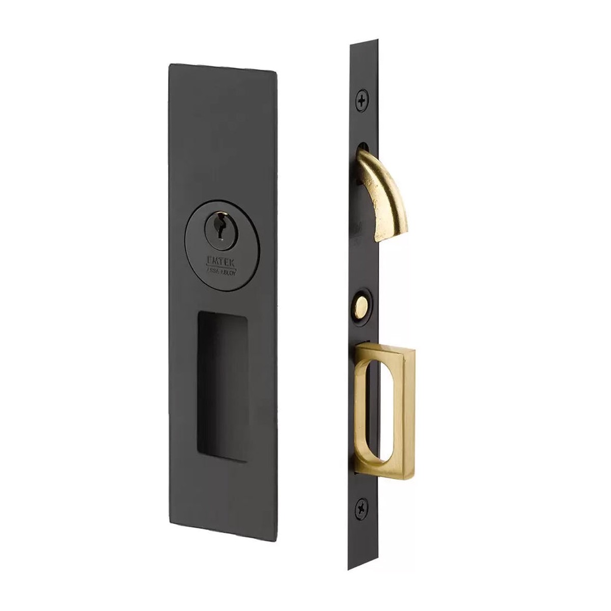 Narrow Modern Rectangular Mortise Keyed Pocket Door Lockset - Door Mount - 8 BrassFlat Black