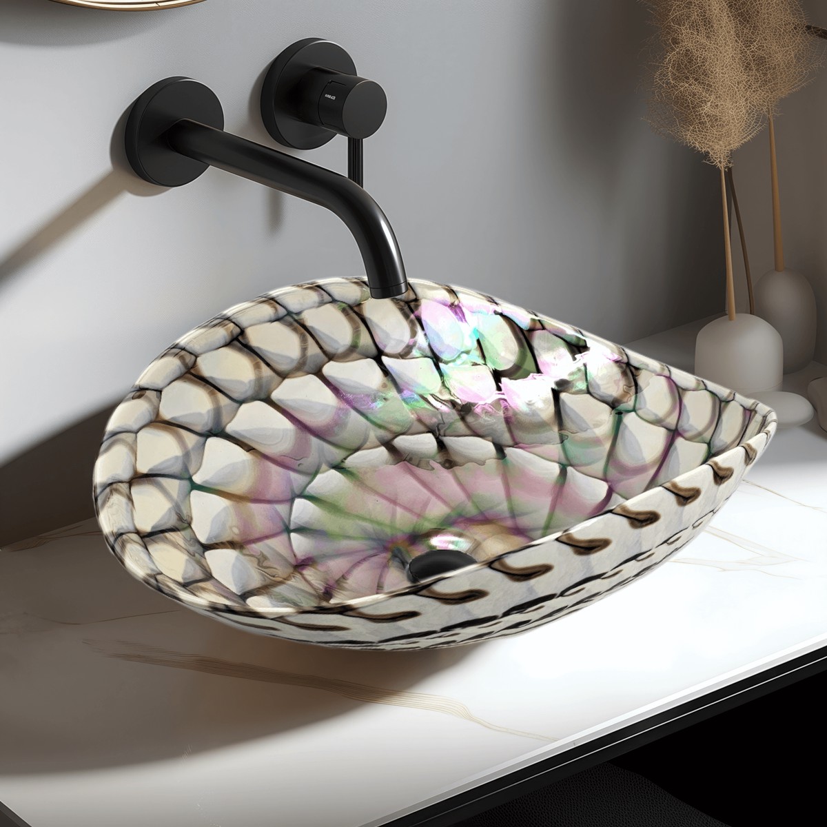Ruvati 19 Glass Art Vessel Seashell Decorative Pattern Bathroom Sink - Nautilus Brown
