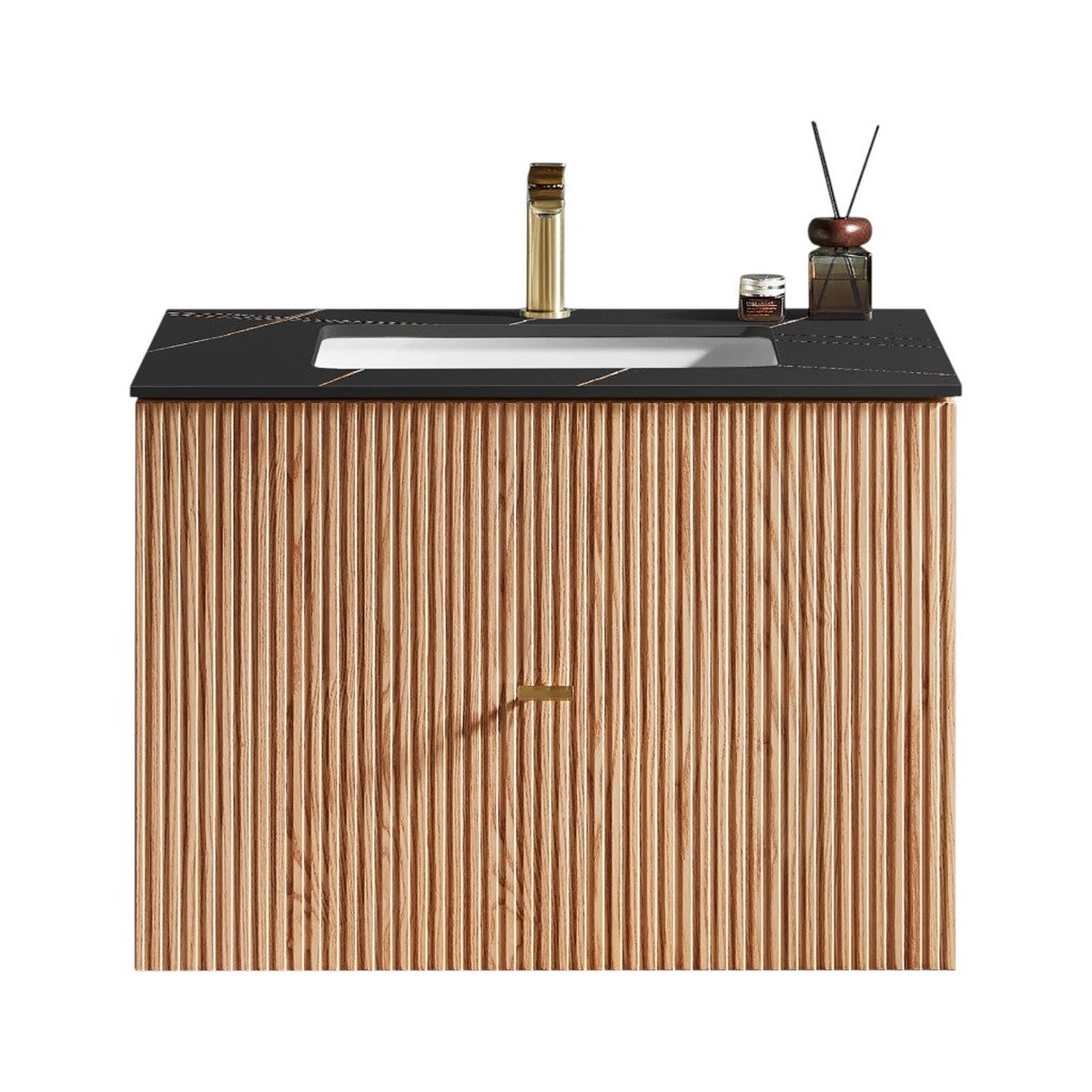Barcelona 1 Drawer Bathroom Vanity with Black Stone Sink - Wall Mount - 30 WoodNatural Oak