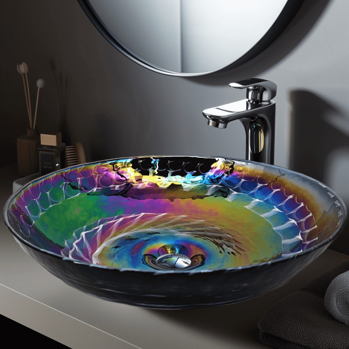 Ruvati 16 Glass Art Vessel Circle Decorative Pattern Bathroom Sink - Cosmic Black