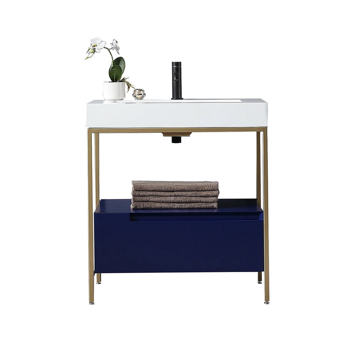 Texel 1 Drawer And 1 Open Shelf Bathroom Vanity with Quartz Sink - Floor Mount - 30 WoodMetalNavy BlueGold