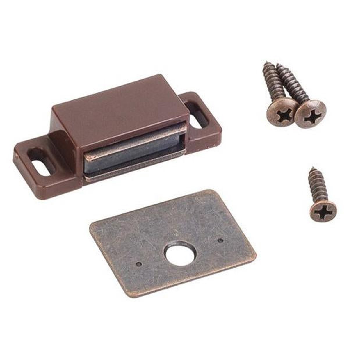Hardware Resources 15 lb Single Magnetic Catch Retail Pack Polybagged with 1 Catch 1 Strike Plate 1 - 5 x 58 Flat Head Screw and 2 - 6 x 34 Pan Head Screws (Sold in Packs of 5)