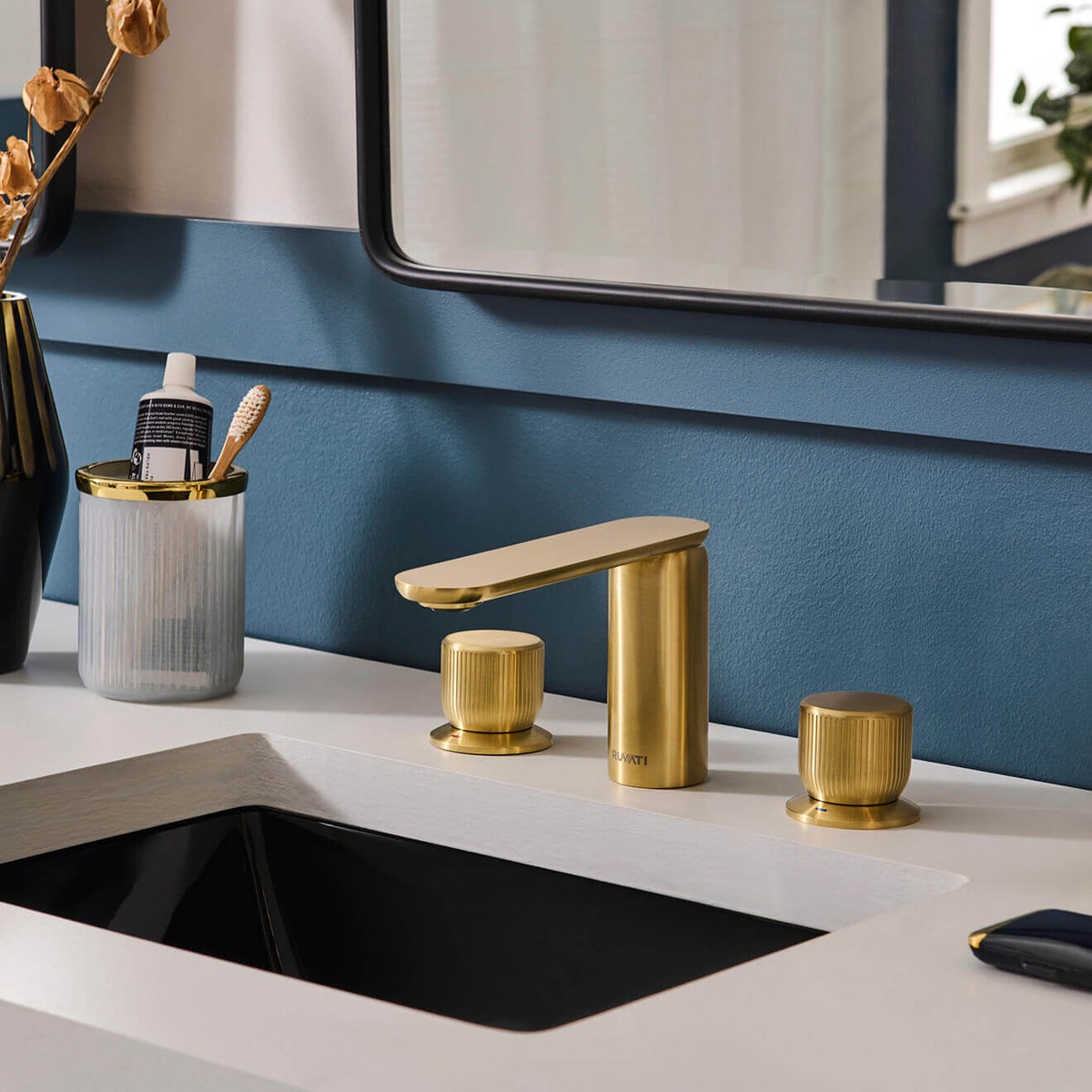 Ruvati Fabio Widespread Textured Luxury Knob Bathroom Faucet in Brushed Gold