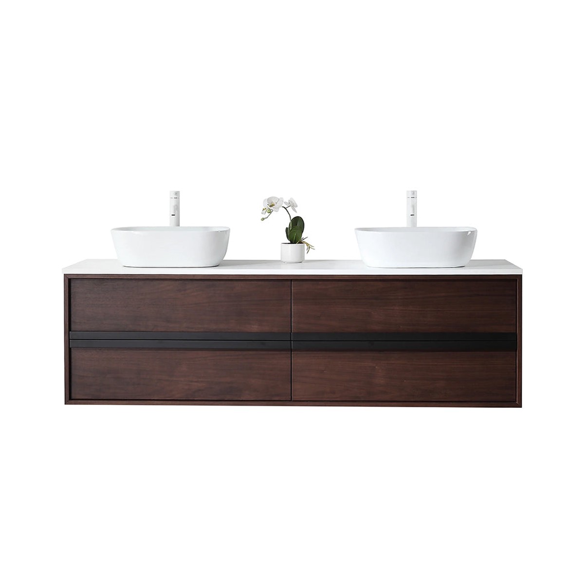 Sintra 4 Drawers Bathroom Vanity with Quartz Top and Vessel Sink - Wall Mount - 72 WoodDark Walnut