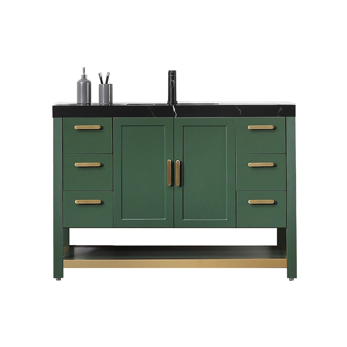Winchester 6 Drawers And 2 Doors Bathroom Vanity with Black Quartz Sink - Floor Mount - 48 WoodForest Green