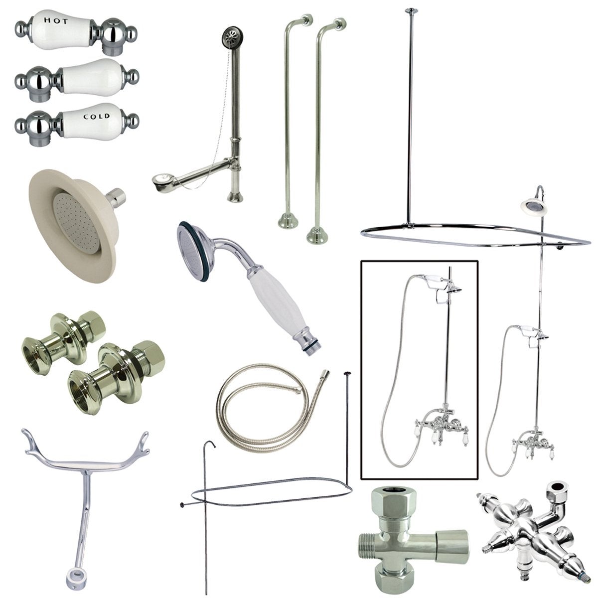 Kingston Brass Vintage Wall Mount Down Spout Clawfoot Tub and Shower Package with Porcelain Lever Handles in Polished Brass